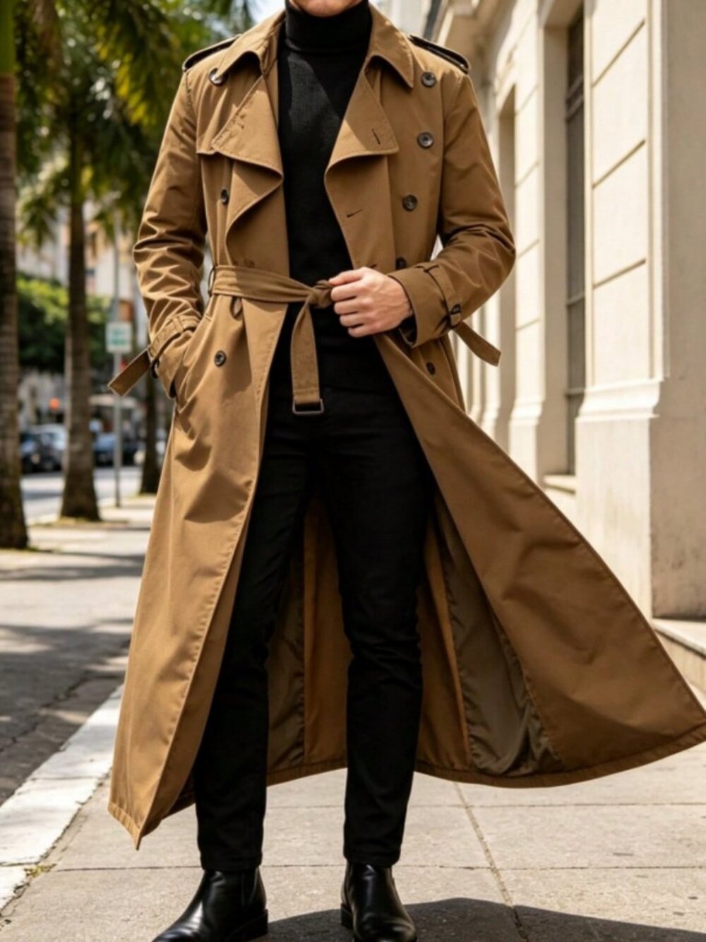 Camel Casual Men's Double Button Pocket Button Front Long Trench Coat
